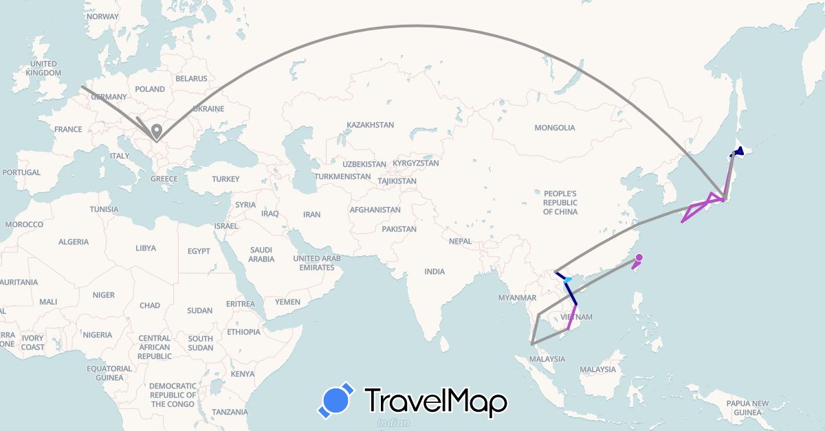TravelMap itinerary: driving, plane, train, boat in Austria, China, Japan, Netherlands, Serbia, Thailand, Taiwan, Vietnam (Asia, Europe)